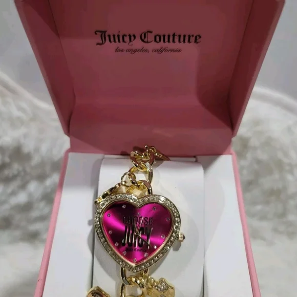 Juicy Couture Gold Tone Hanging Charm Watch . Hot Pink Heart Shaped Beze… - Picture 3 of 4
